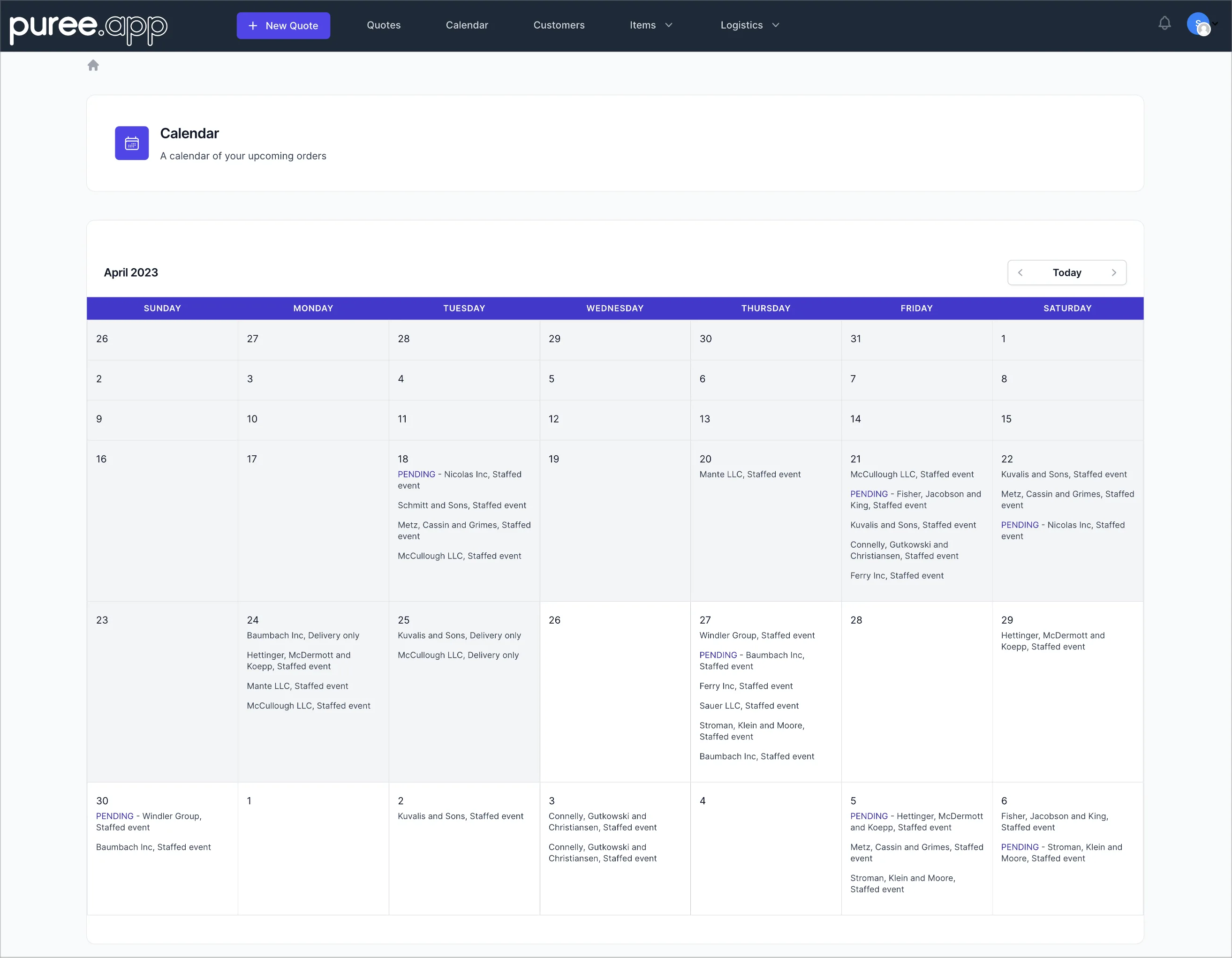 Puree catering software calendar showing upcoming events and bookings