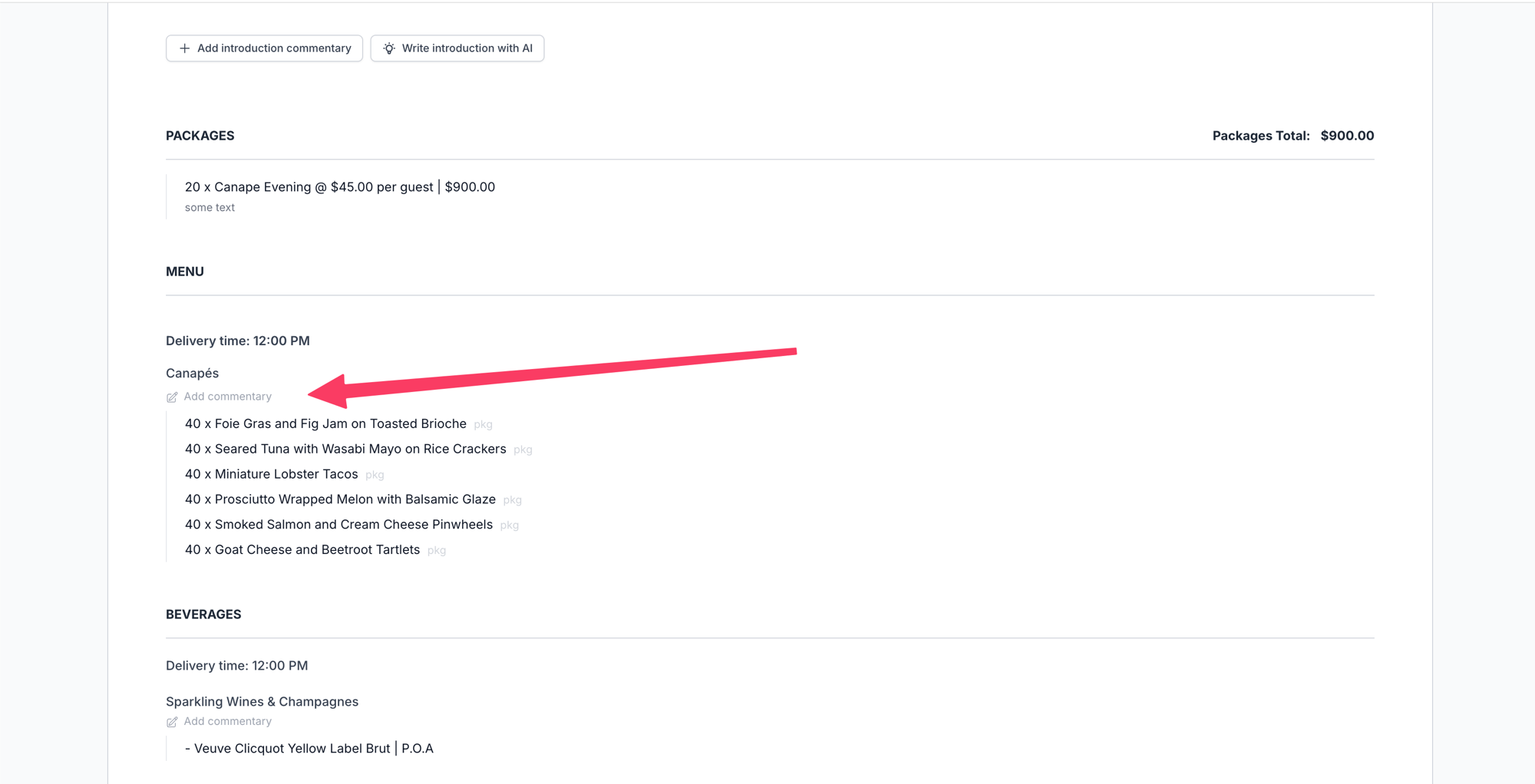 The internal order view showing an Add commentary link beneath the Canapés category heading, above its items
