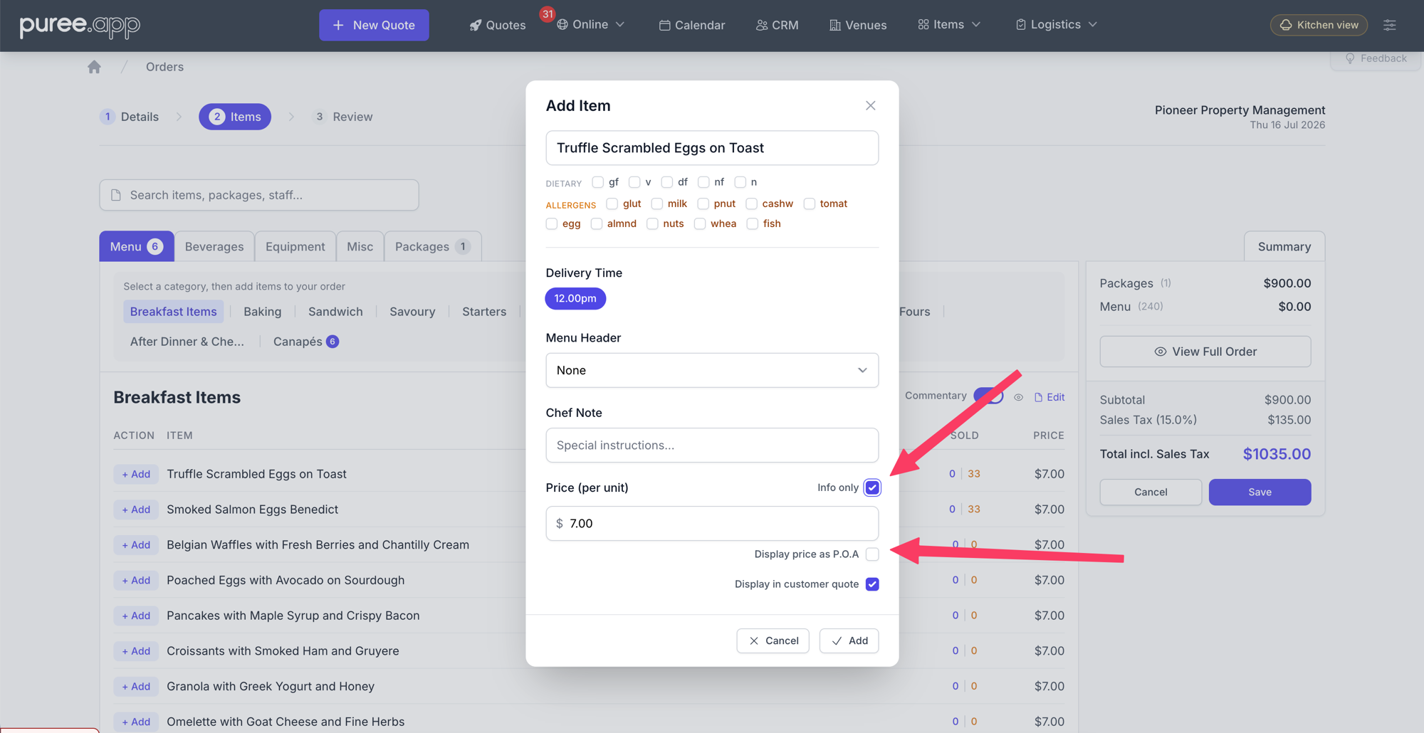 The Add Item modal with Info only switched on, revealing the Display price as P.O.A sub-toggle