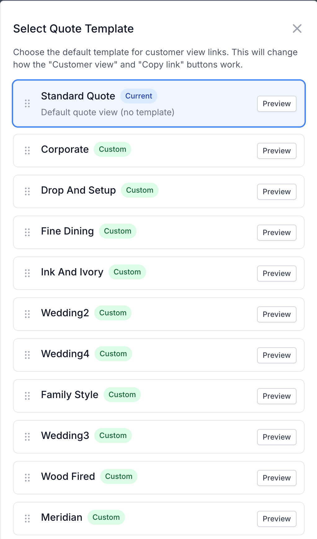 The Select Quote Template modal listing every template on the account, each with a Preview button